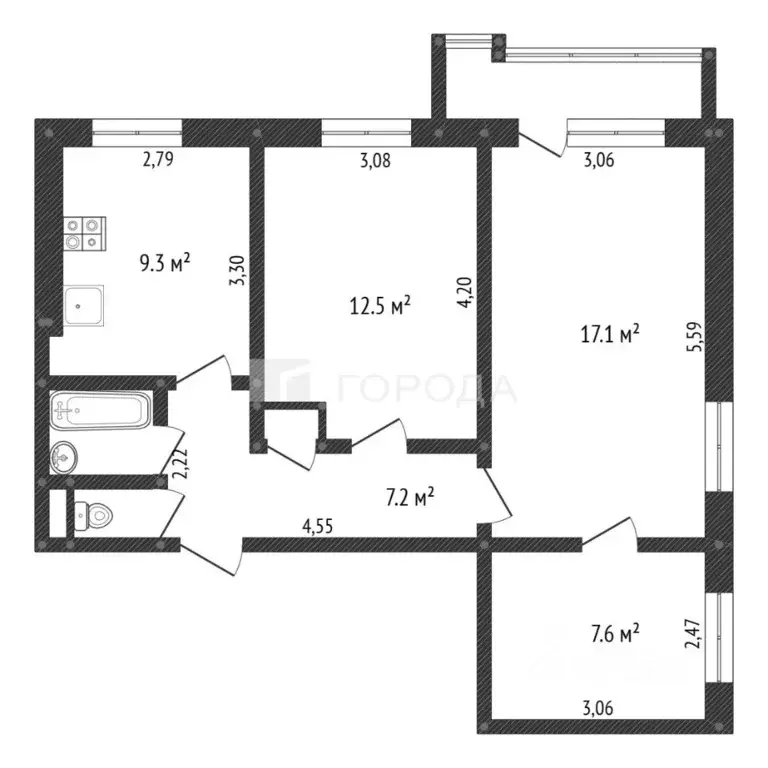 3-к кв. Кемеровская область, Новокузнецк ул. 40 лет ВЛКСМ, 116А (57.2 ... - Фото 2