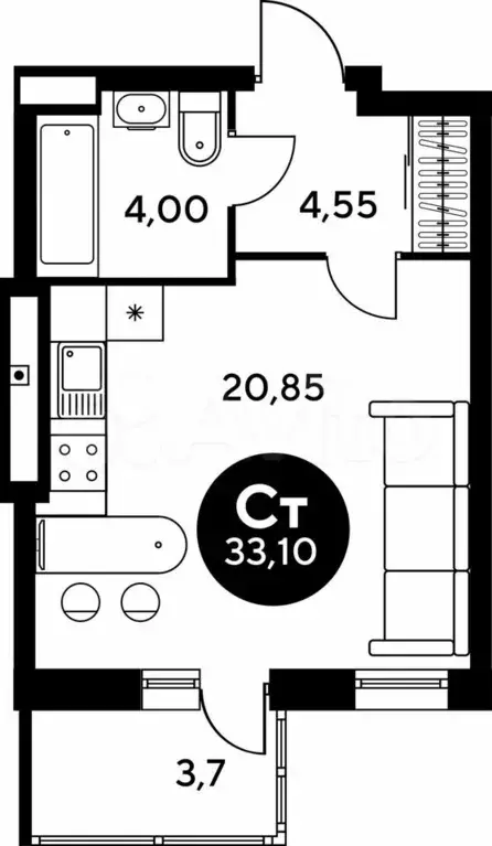 Квартира-студия, 33,4 м, 5/9 эт. - Фото 0