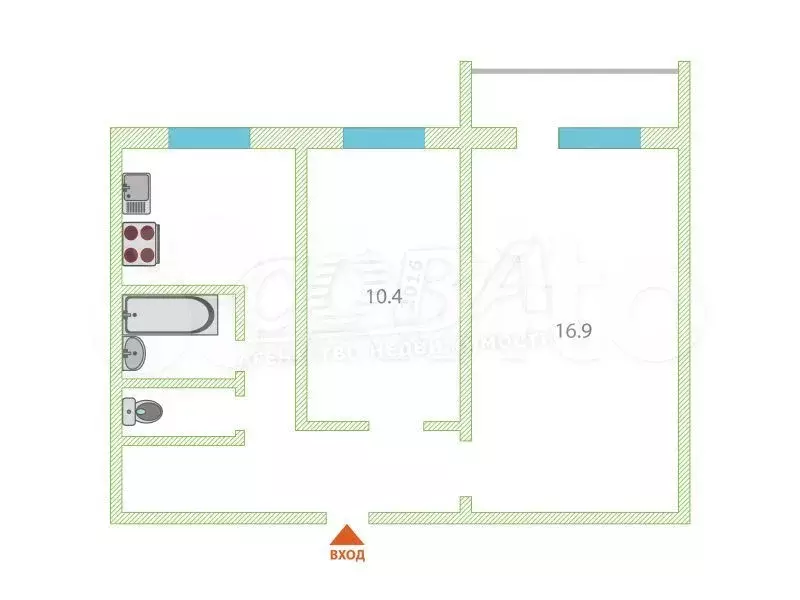 2-к. квартира, 43,5 м, 2/5 эт. - Фото 0