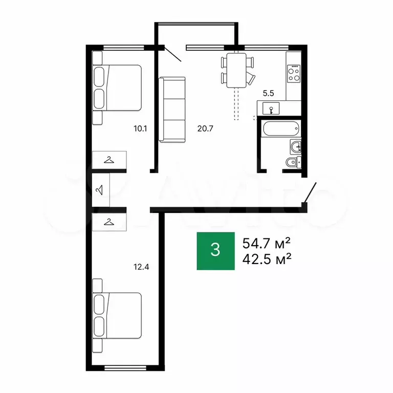 3-к. квартира, 54,7 м, 5/5 эт. - Фото 0