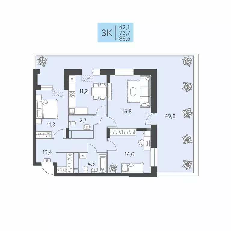 3-к квартира, 88.6 м - Фото 0