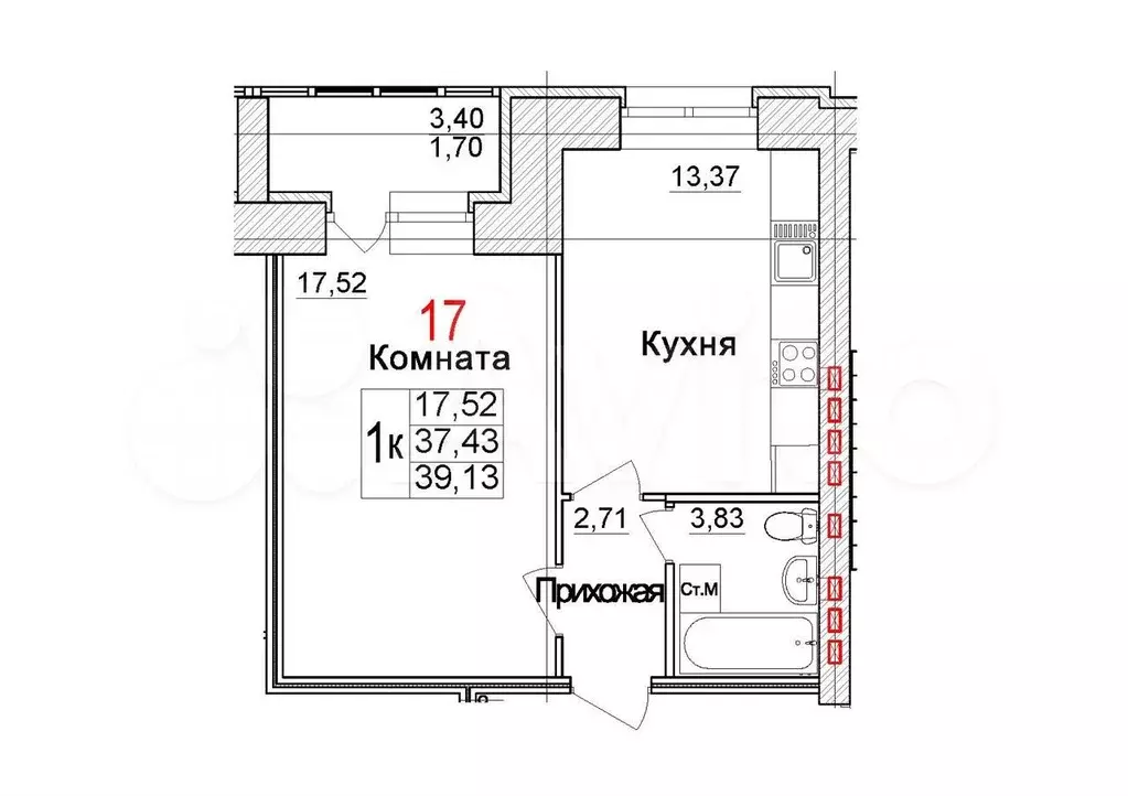 1-к. квартира, 39,1 м, 4/4 эт. - Фото 0