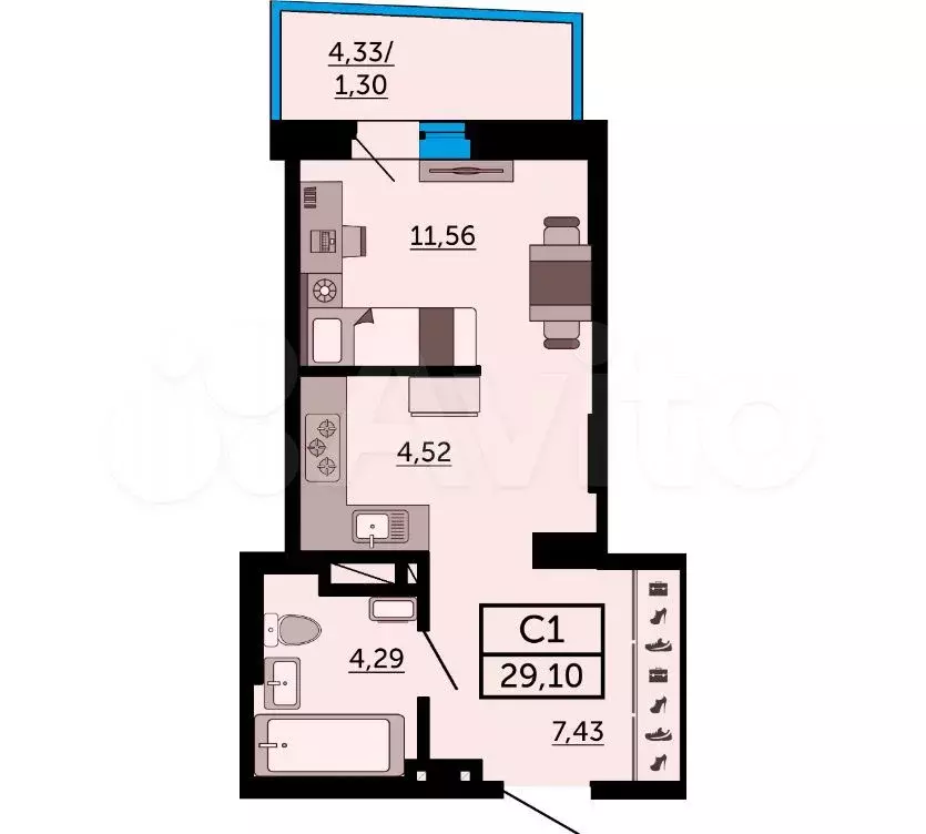Квартира-студия, 29,2 м, 12/26 эт. - Фото 1