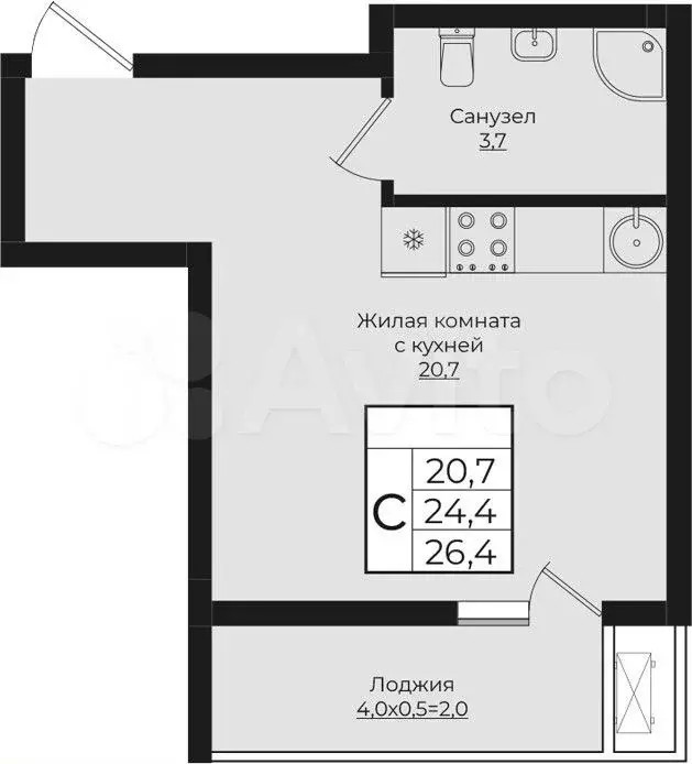 Квартира-студия, 26,4 м, 9/9 эт. - Фото 1