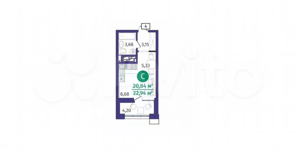 Квартира-студия, 22,9 м, 21/25 эт. - Фото 1