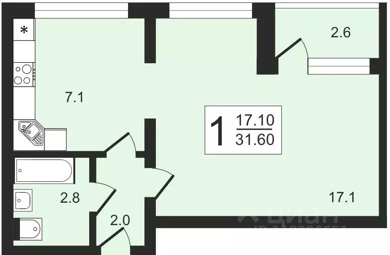 1-к кв. санкт-петербург дор. муринская, 10к1 (30.3 м) - Фото 1