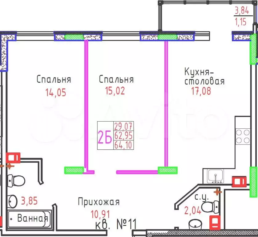 2-к. квартира, 64,1 м, 7/9 эт. - Фото 0