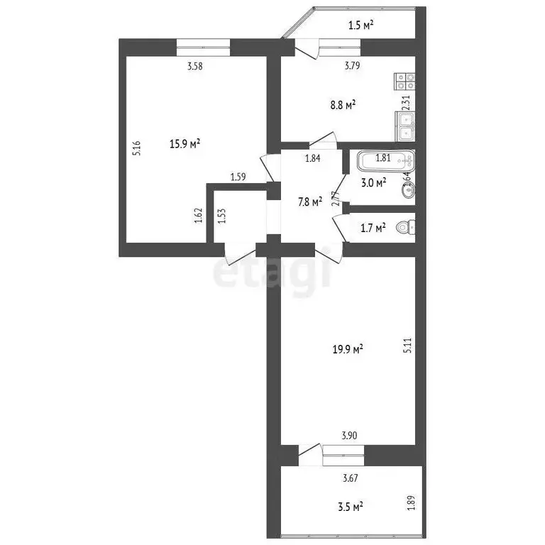 2-комнатная квартира: Набережные Челны, 65-й комплекс, 10 (57.1 м) - Фото 1