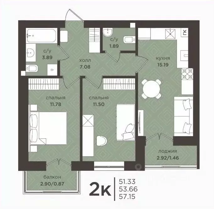 2-к кв. Калининградская область, Гурьевск  (53.99 м) - Фото 0