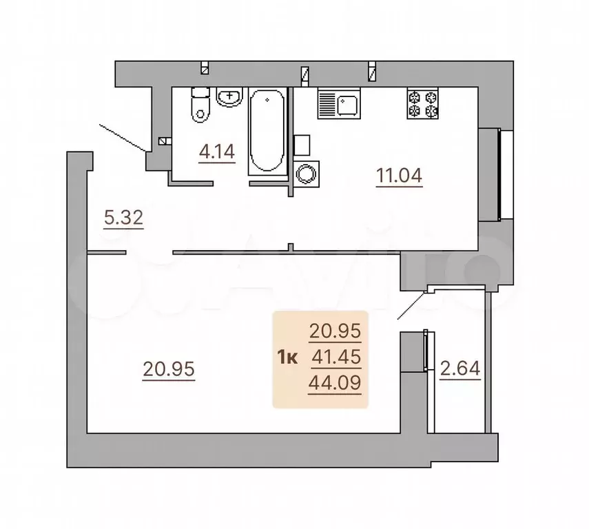 1-к. квартира, 44,1 м, 2/9 эт. - Фото 0