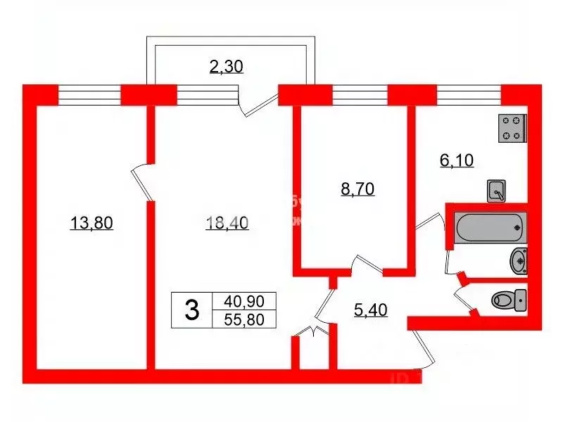 3-к кв. Санкт-Петербург ул. Здоровцева, 25 (55.8 м) - Фото 1