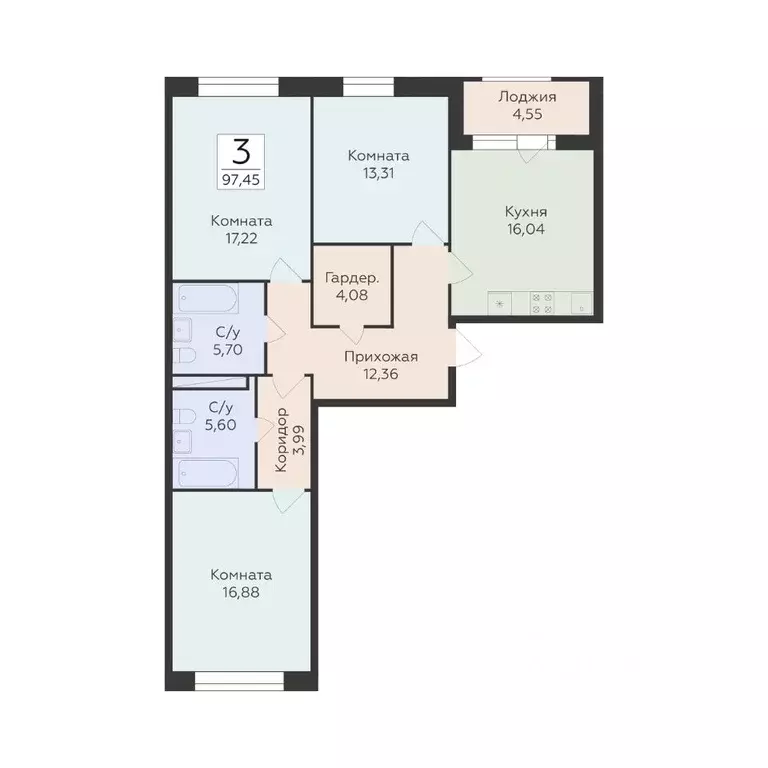 3-к кв. Воронежская область, Воронеж ул. Матросова, 60 (97.45 м) - Фото 1