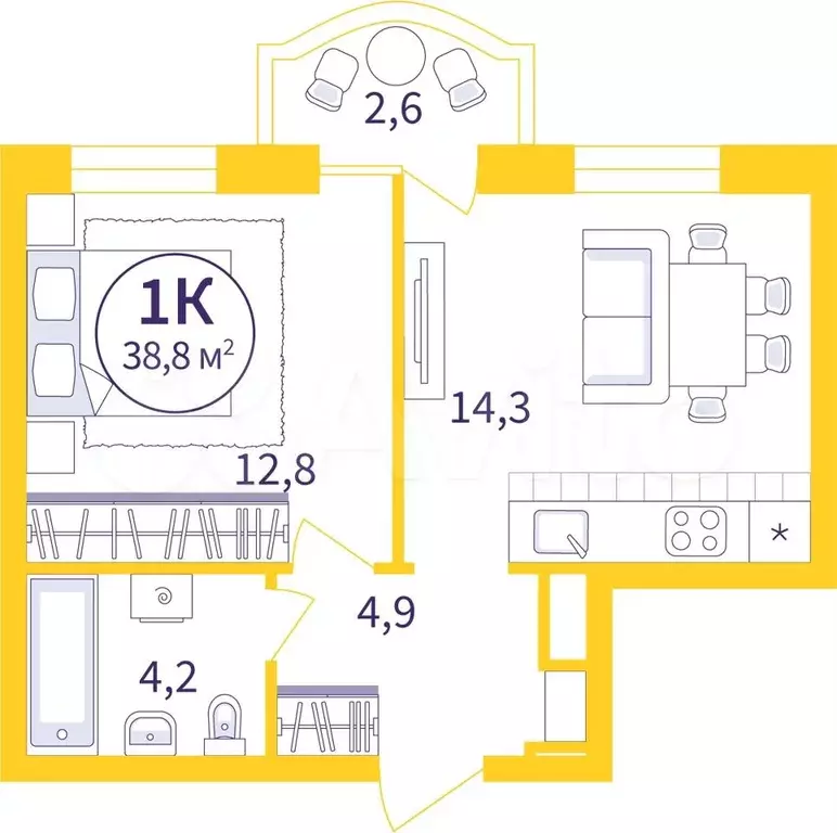 1-к. квартира, 36,9 м, 4/8 эт. - Фото 0