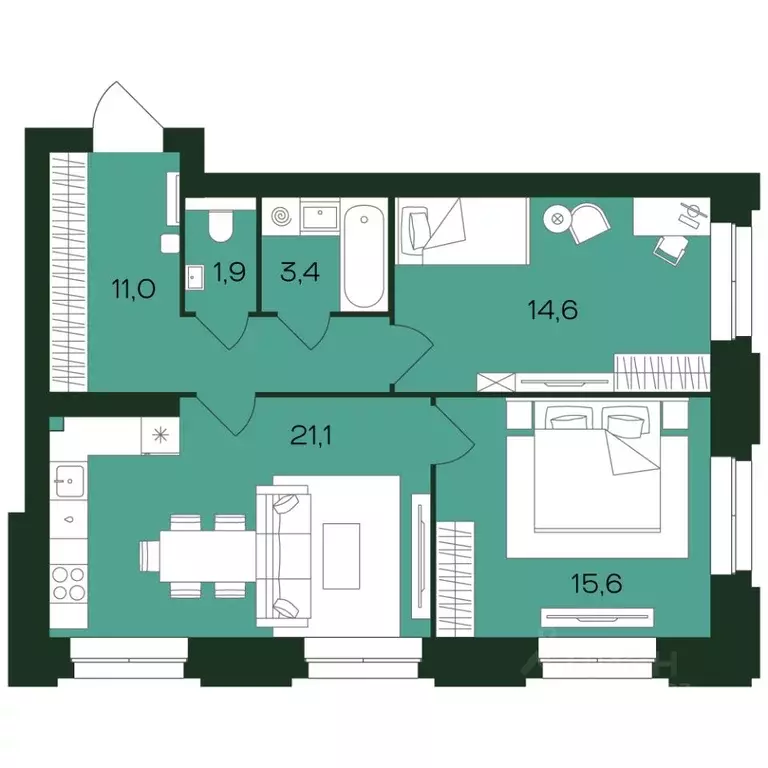 2-к кв. Чувашия, Чебоксары просп. Чебоксарский (67.7 м) - Фото 1