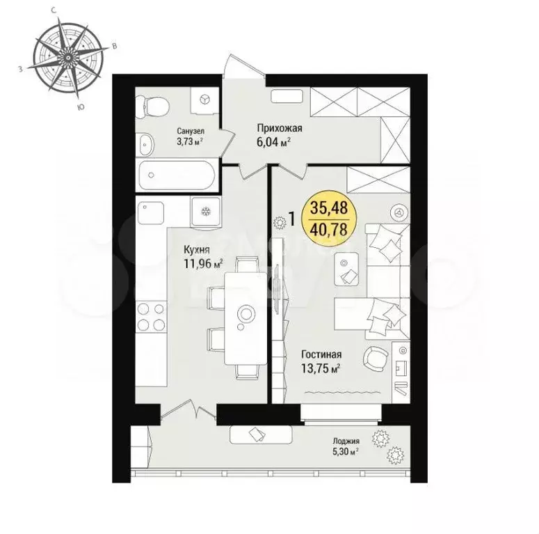 1-к. квартира, 40,8 м, 6/9 эт. - Фото 0