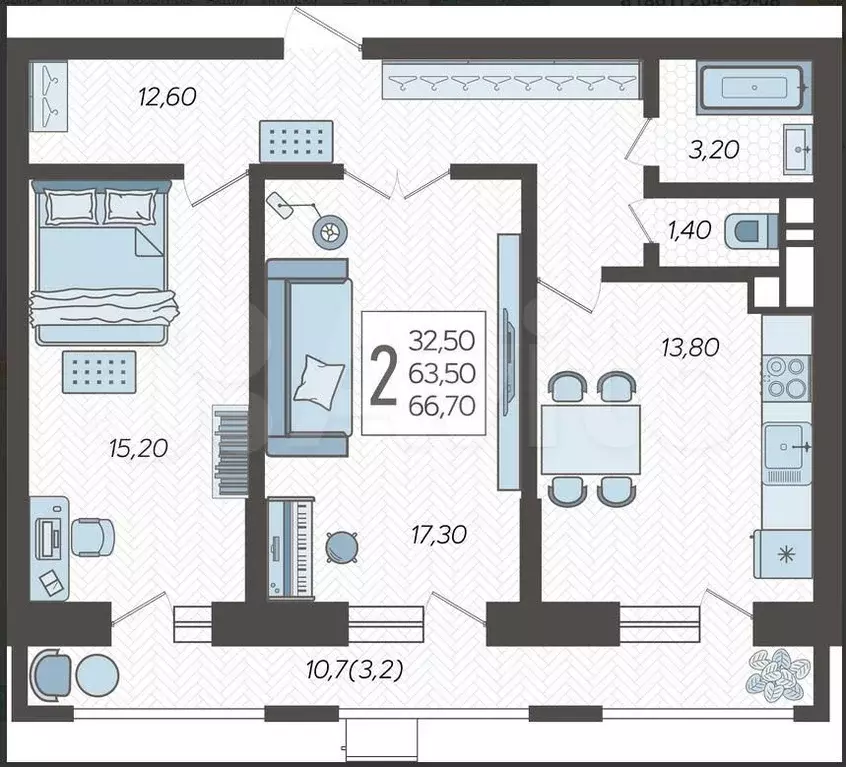 2-к. квартира, 66,7 м, 2/12 эт. - Фото 1