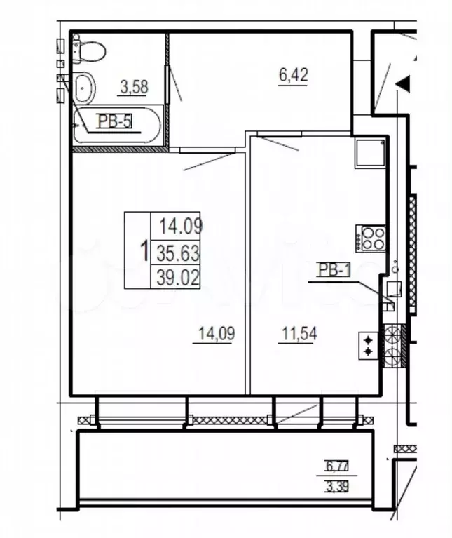 1-к. квартира, 39 м, 7/9 эт. - Фото 0