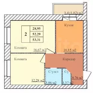 2-к. квартира, 53,6 м, 1/6 эт. - Фото 0