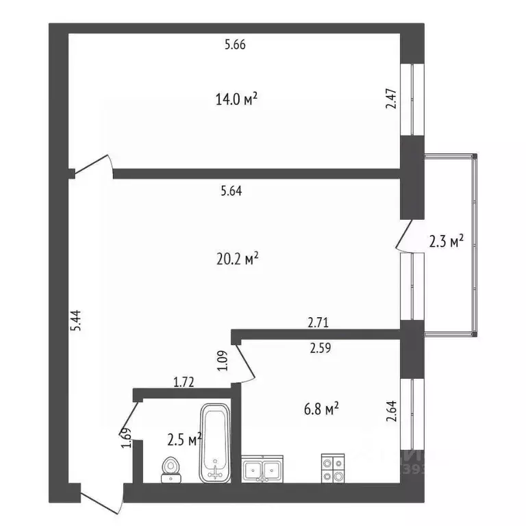 2-к кв. Тюменская область, Тюмень ул. Республики, 133 (43.6 м) - Фото 2