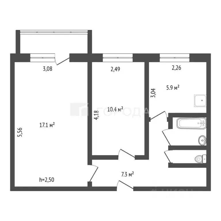 2-к кв. Кемеровская область, Новокузнецк Октябрьский просп., 5 (44.0 ... - Фото 2
