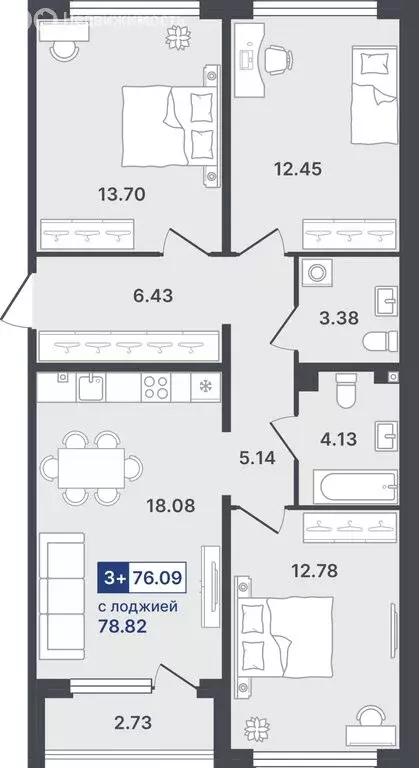 3-комнатная квартира: Тюмень, улица Алексея Сергиенко, 1 (76.09 м) - Фото 1