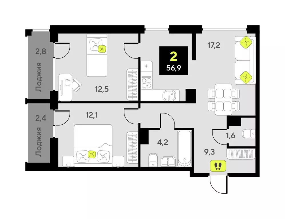 2-комнатная квартира: Тюмень, улица Разведчика Кузнецова, 9 (56.9 м) - Фото 1