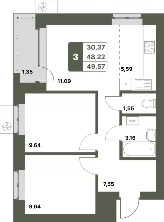 3-комнатная квартира: Уфимский район, село Миловка (49.57 м) - Фото 0