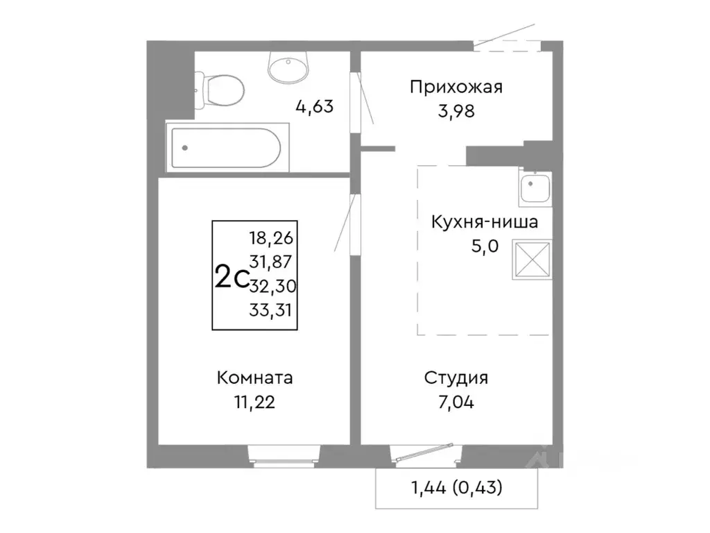 2-к кв. Челябинская область, Челябинск Ярославская ул. (32.3 м) - Фото 1