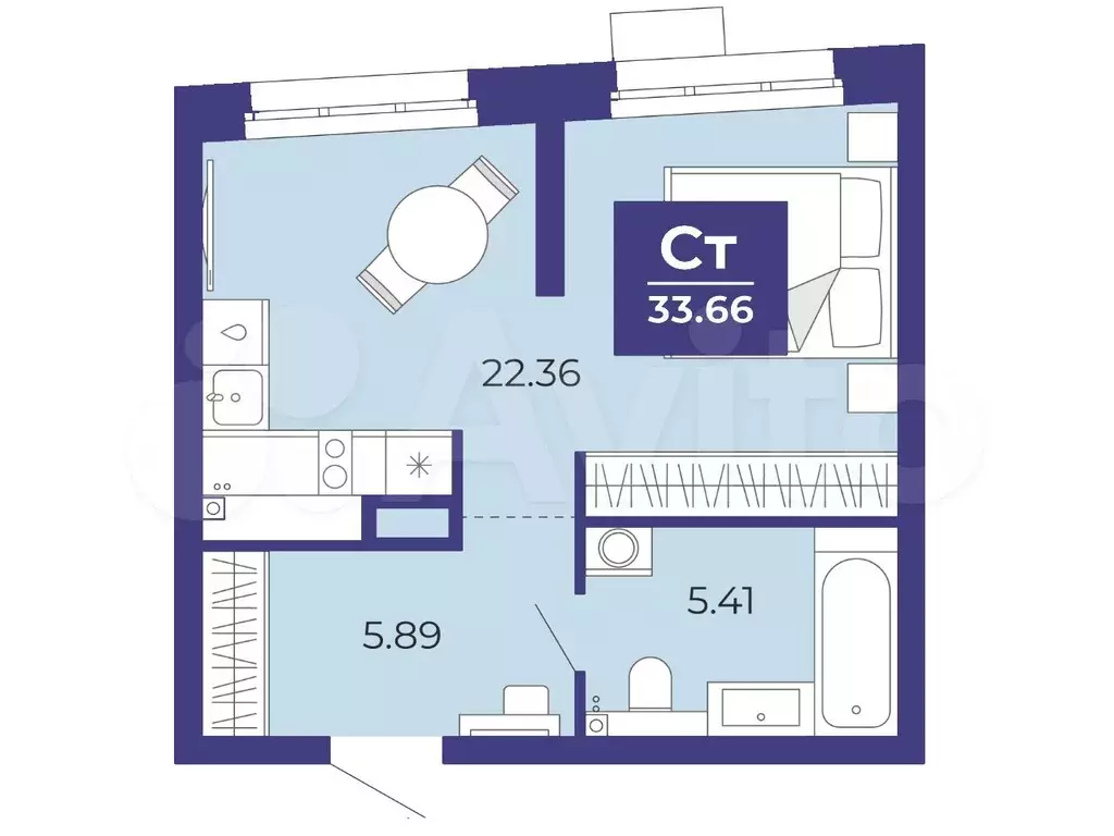 Квартира-студия, 33,7 м, 2/15 эт. - Фото 1