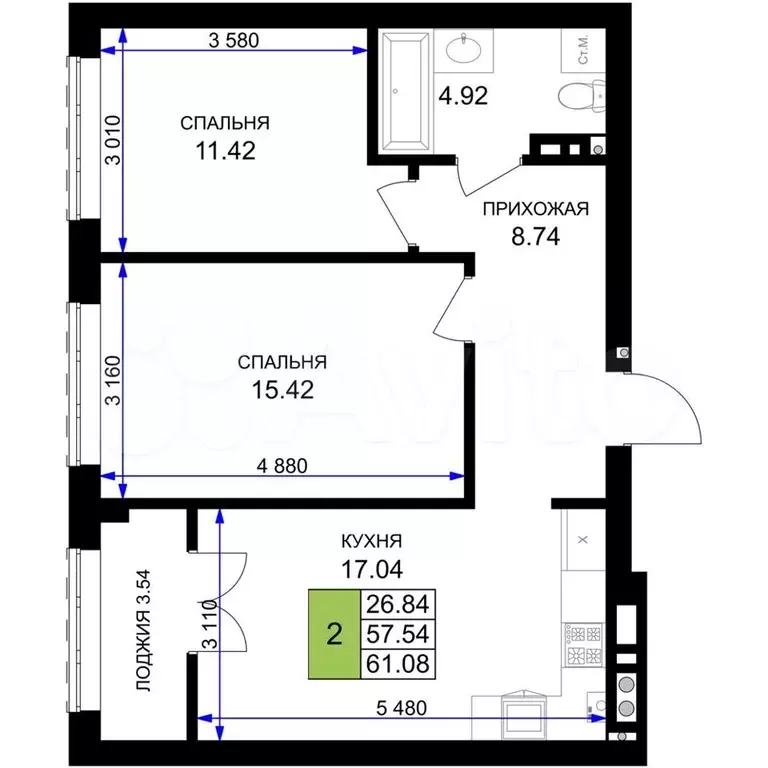 2-к. квартира, 61,1 м, 2/7 эт. - Фото 1