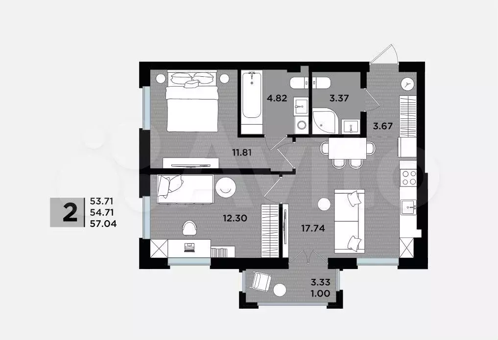 2-к. квартира, 57 м, 2/5 эт. - Фото 1