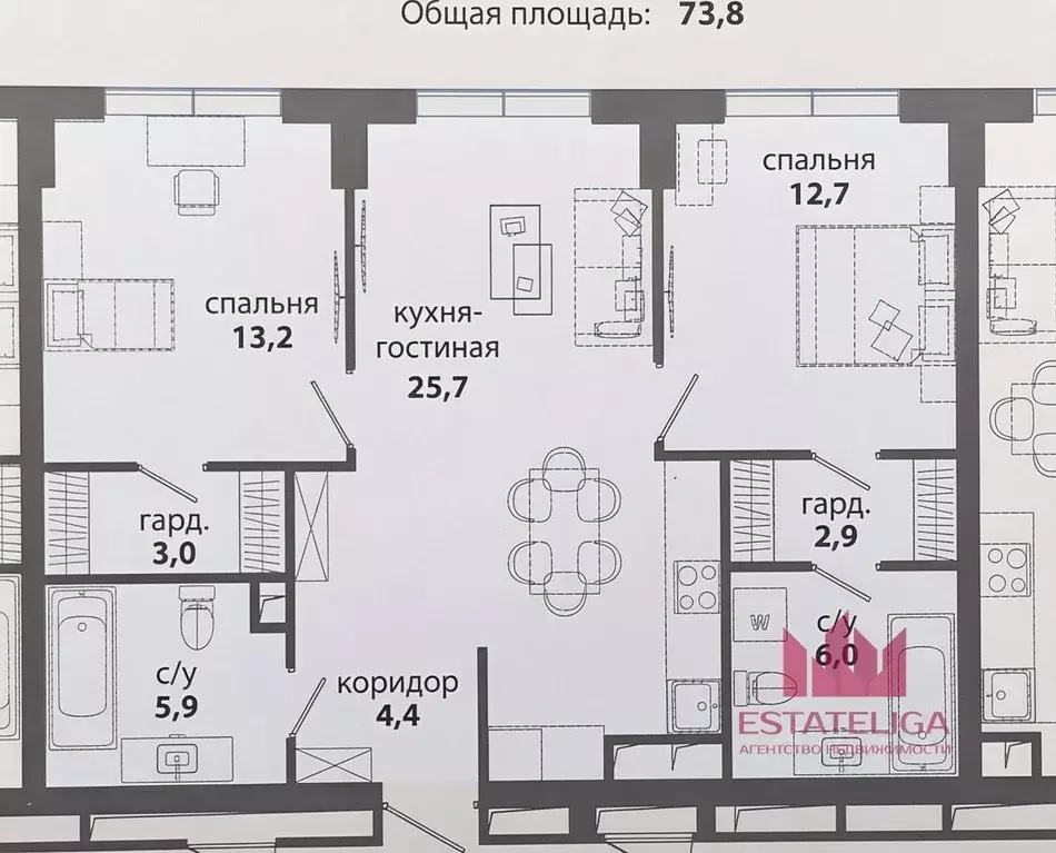 2-к кв. Москва ул. Василия Ланового, 6к3 (73.8 м) - Фото 2