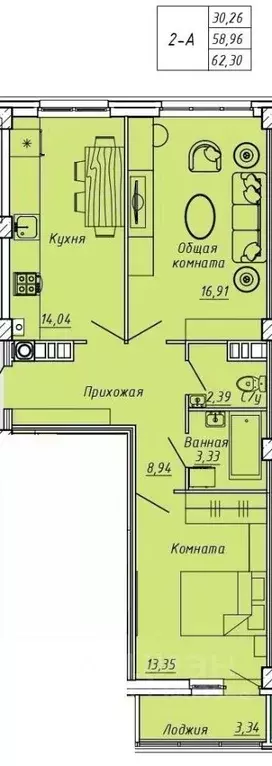 2-к кв. Ивановская область, Иваново Апрельская ул., 95 (62.3 м) - Фото 0