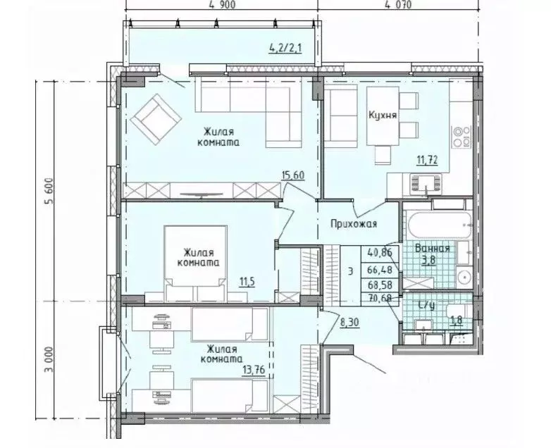 3-к кв. Московская область, Солнечногорск городской округ, Голубое пгт ... - Фото 2