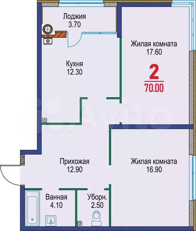 2-к. квартира, 70 м, 2/22 эт. - Фото 0