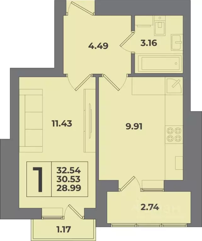 1-к кв. Калининградская область, Калининград Петровский мкр,  (32.54 ... - Фото 1