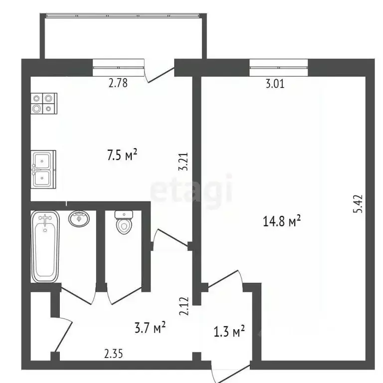 Квартира, 1 комната, 30.7 м - Фото 1