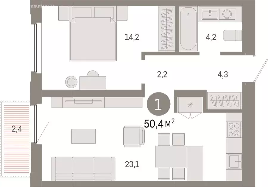 1-комнатная квартира: Тюмень, Мысовская улица, 26к2 (50.4 м) - Фото 1