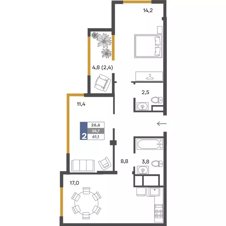 2-комнатная квартира: Перевальное, ЖК Предгорье (61.1 м) - Фото 1