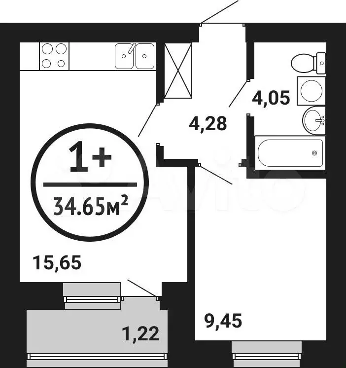 1-к. квартира, 34,7м, 5/8эт. - Фото 0