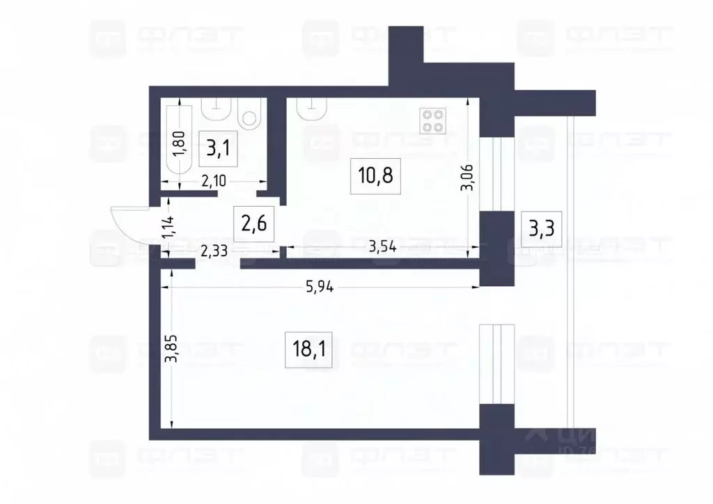 1-к кв. Татарстан, Казань ул. Академика Губкина, 37А (35.3 м) - Фото 1