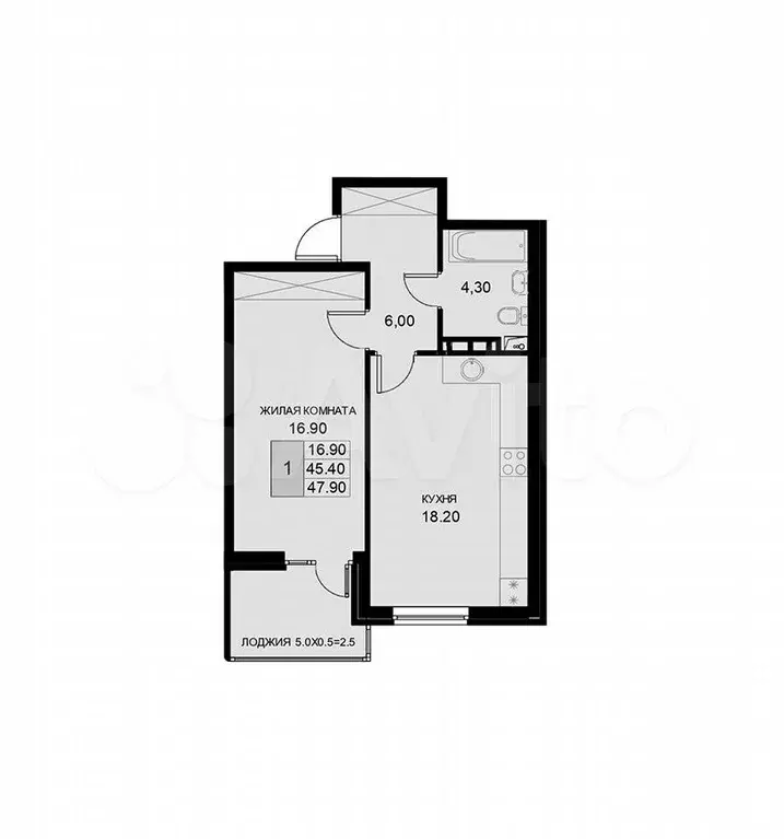 1-к. квартира, 47,9 м, 3/7 эт. - Фото 1