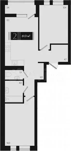 2-к. квартира, 61м, 5/9эт. - Фото 1