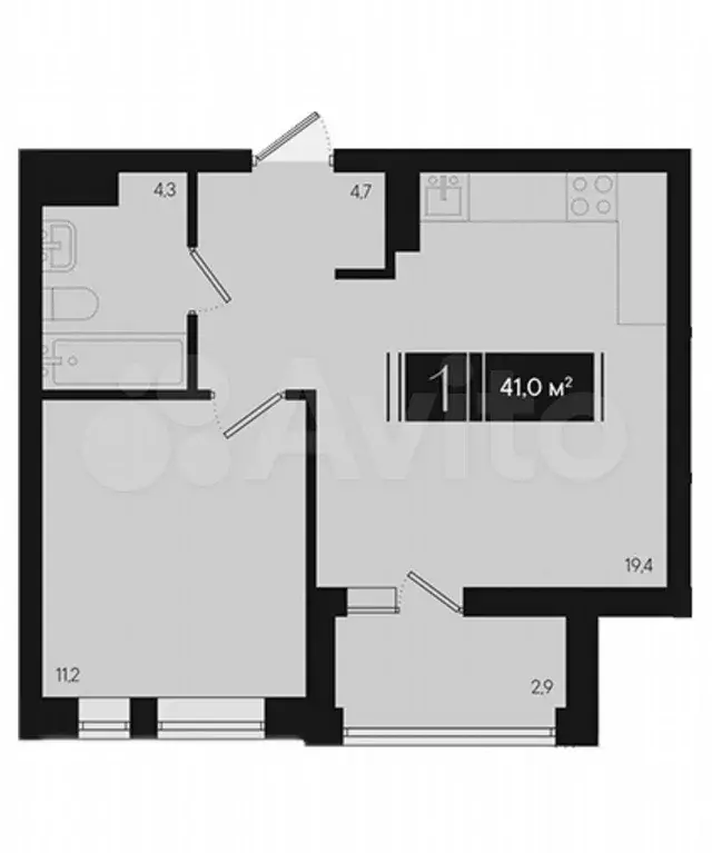1-к. квартира, 41 м, 4/9 эт. - Фото 1