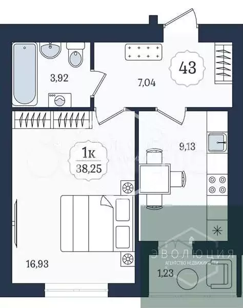 1-к. квартира, 38,3 м, 4/9 эт. - Фото 0