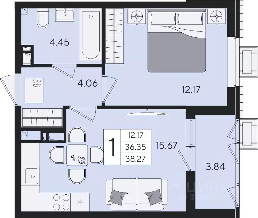 1-к кв. Краснодарский край, Краснодар  (38.27 м) - Фото 2