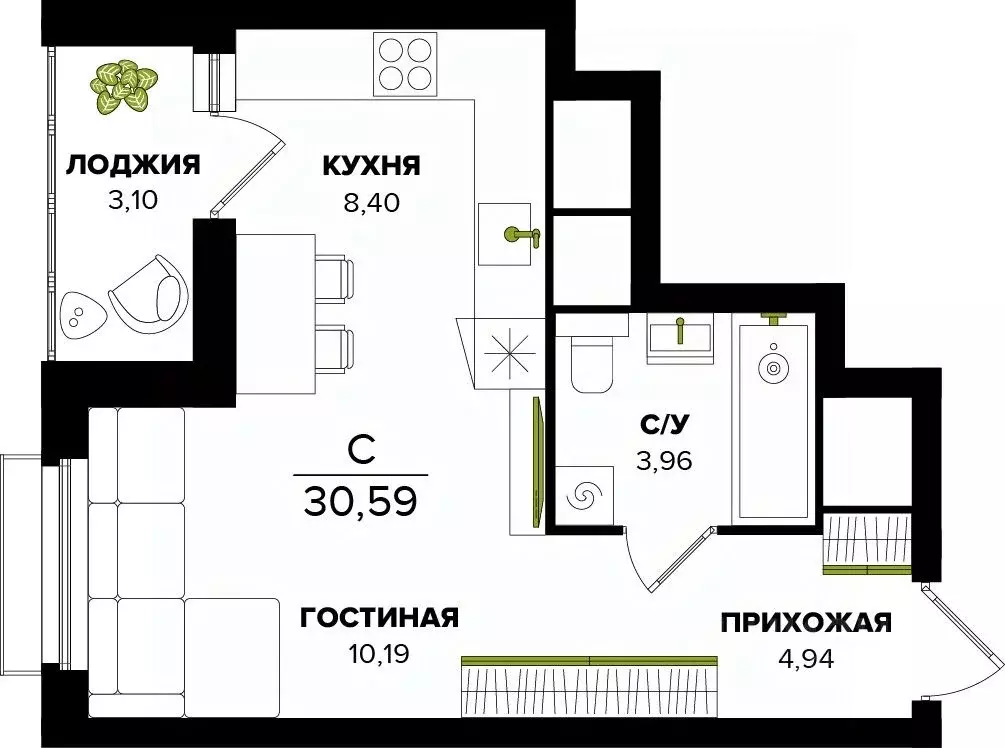 Студия Тульская область, Тула  (30.59 м) - Фото 0