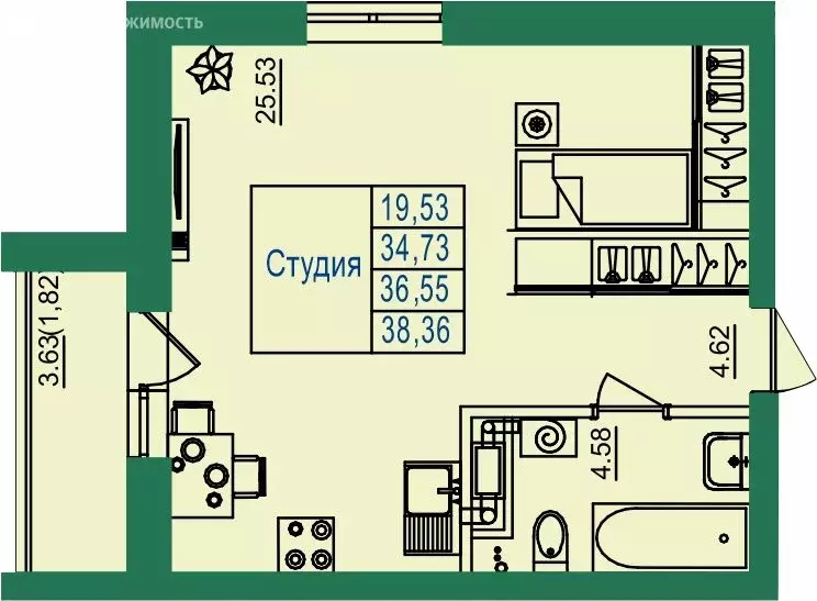 Квартира-студия: городской округ Владимир, посёлок Заклязьменский, ... - Фото 1