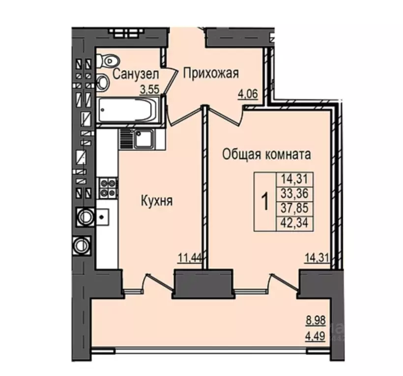 1-к кв. Марий Эл, Йошкар-Ола Светлый мкр,  (37.85 м) - Фото 0