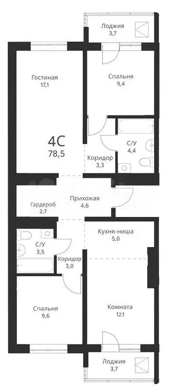 4-к. квартира, 78,5 м, 12/16 эт. - Фото 0